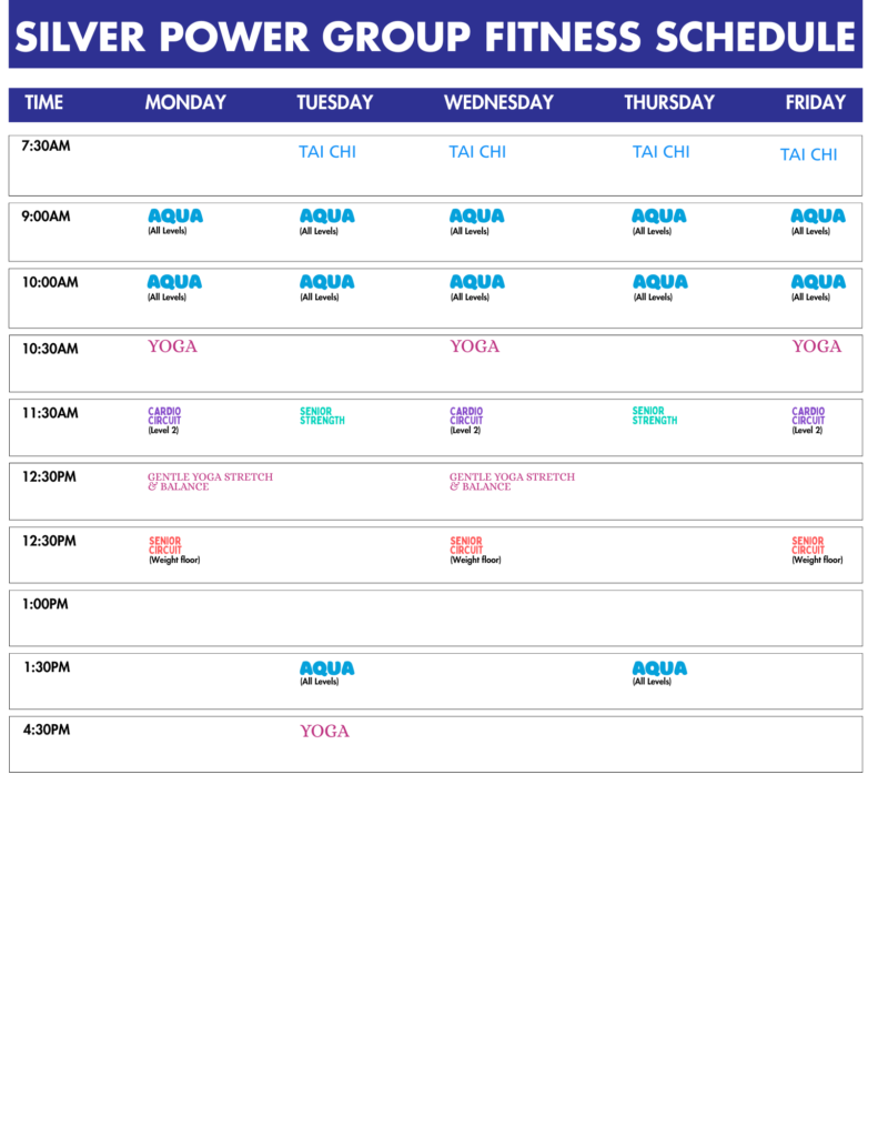 Weekly fitness schedule grid for Silver Power: days Mon&ndash;Fri with class times and types across rows and columns (Aqua, Yoga, Tai Chi, Cardio Circuit, Senior Strength).